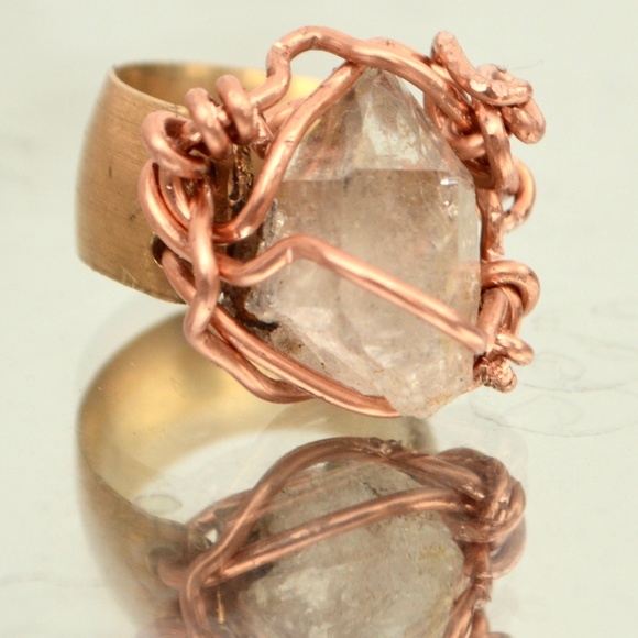 Conceptual Subculture Jewelry - Herkimer Diamond Quartz Brass Copper Ring 4.5 OOAK